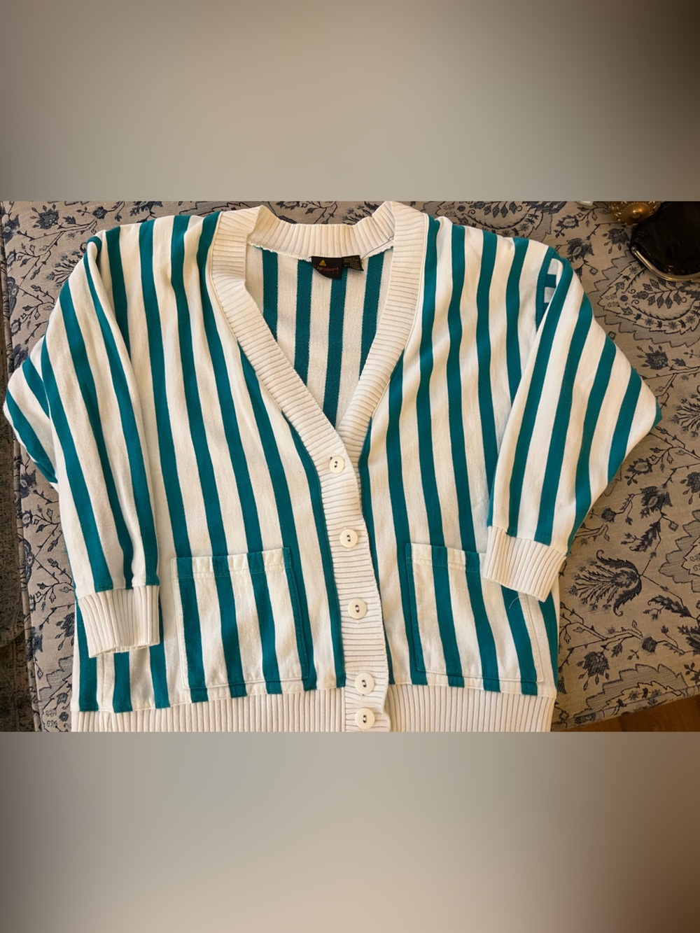 vintage Liz Claiborne Sport teal and white striped knit cardigan size Large